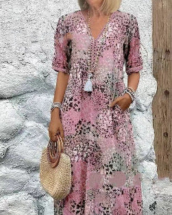 IM23 Lace Trim Maxi Dress | V-Neck, Kurzarm, Taschen & Spitzenbesatz – 5 Farben, S–XXXL