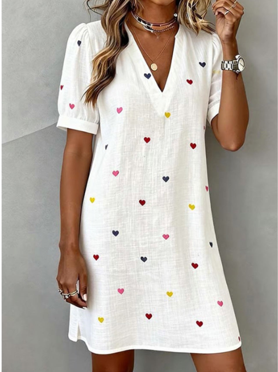 IM23 Heart Print Dress | Deep V-Neck, Kurzarm, A-Linie – White, Pink & Light Blue, S–XXXL
