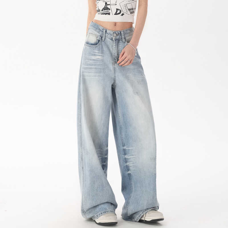 Damen-Jeans von eprolo, hoch tailliert, weite Passform, ausgewaschener Bleached-Effekt, Premium Washed Denim Hose