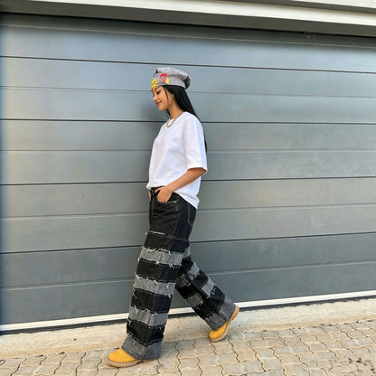 IM23 Patchwork Denim Pants | Deconstructed, Raw Hem, Straight Fit – Black, S–3XL
