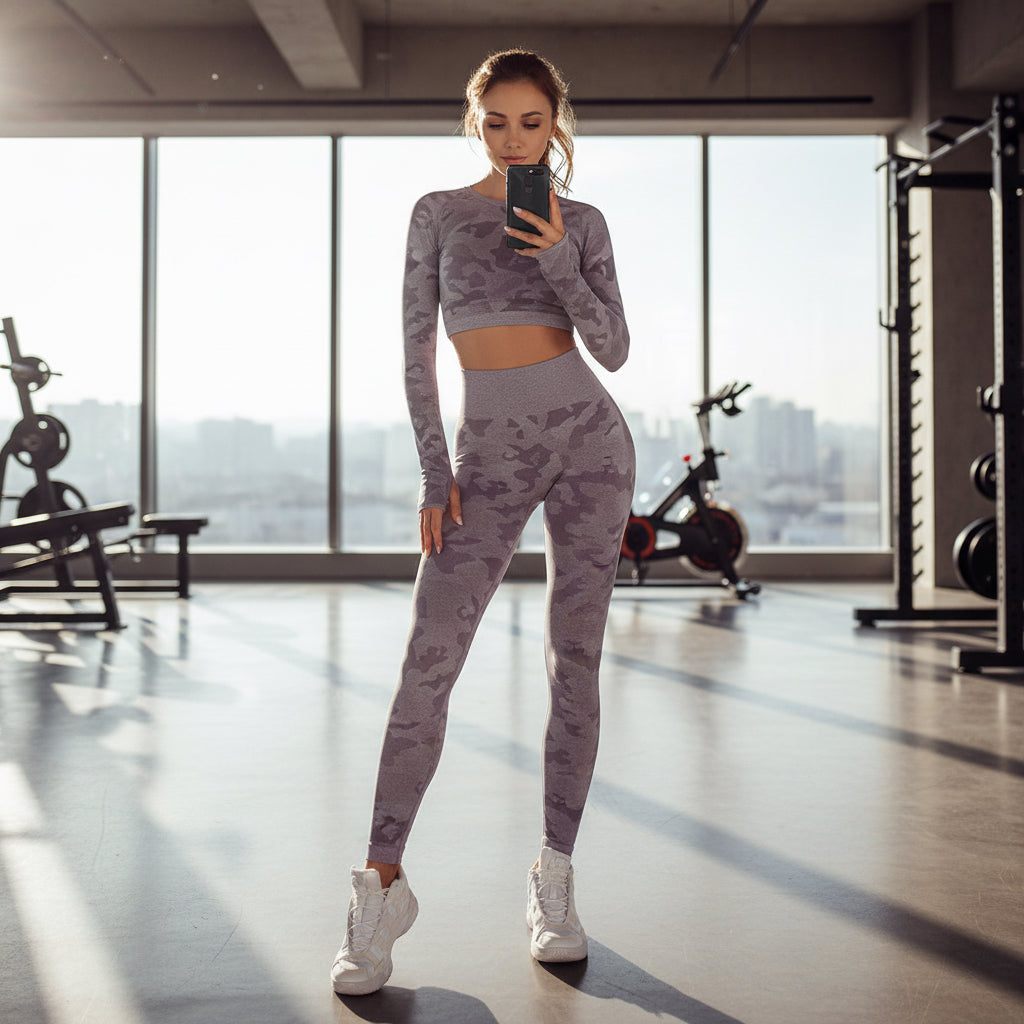 Damen 3-teiliges Camouflage Sport-Set von eprolo mit BH, Leggings und Langarm-Top, ideal für Fitness und Freizeit.