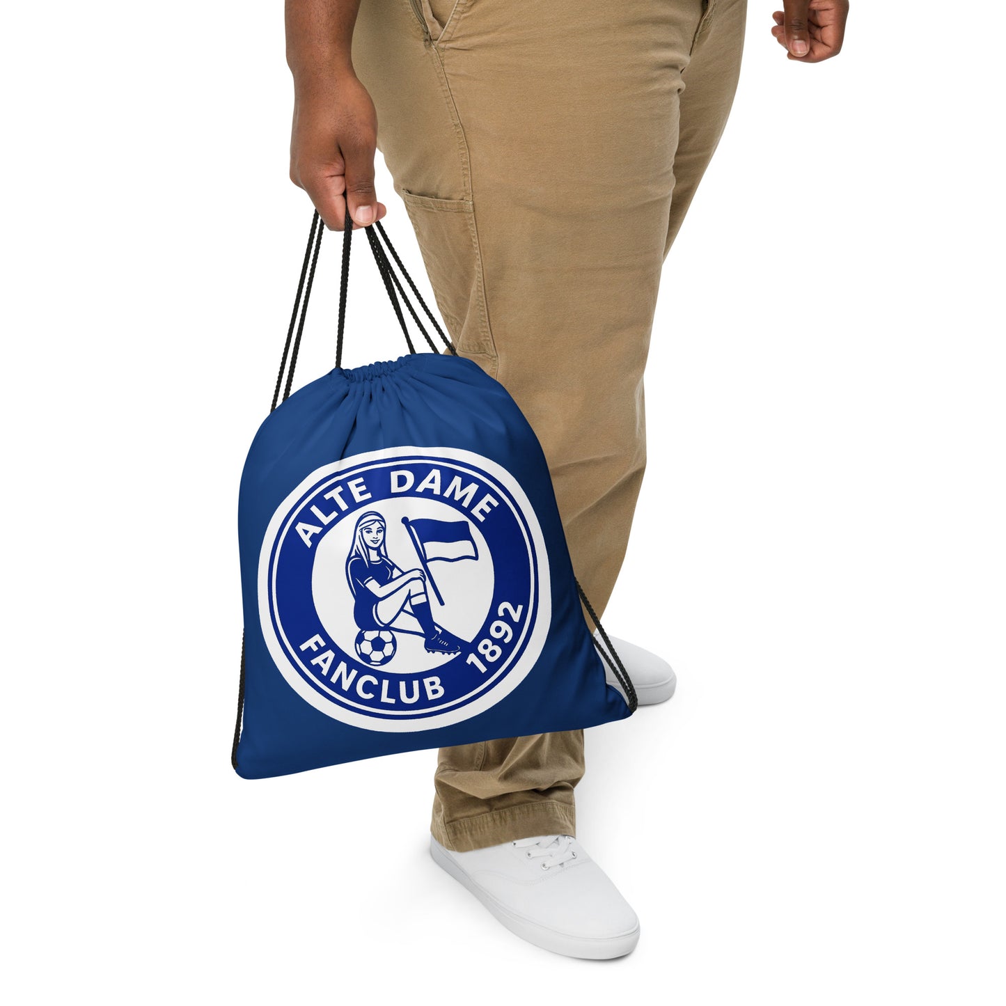 Kordelzug-Beutel mit Allover-Print für Fanclub Alte Dame 1892 von Sportswear Iron Monkey, weiße Tasche mit Fan-Design.