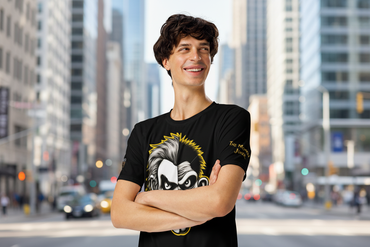 Weißes Joker Edition SoftStretch Jersey T-Shirt für Herren mit All-Over-Print und Rundhals, hergestellt von Sportswear Iron Monkey 23.
