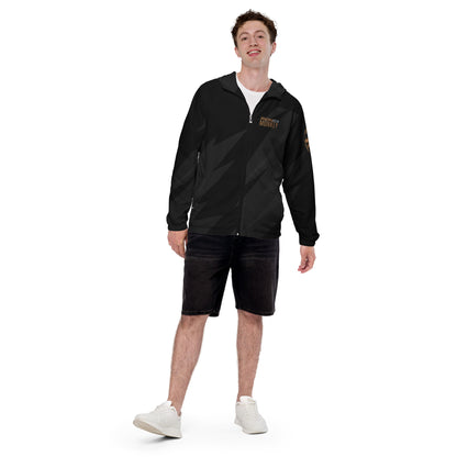 Herren-Windbreaker Jacke von Sportswear Iron Monkey 23 mit Allover-Druck, schwarze Frontansicht, leichte Windjacke, sportliches Design