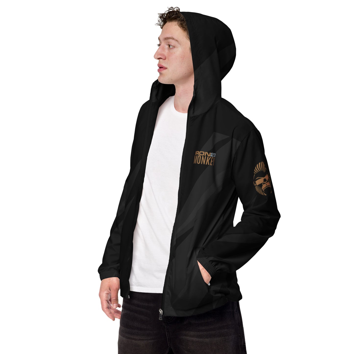Schwarze Herren-Windbreaker Jacke von Sportswear Iron Monkey 23 mit All-over-Print, sichtbare linke Vorderseite, sportlich und bequem