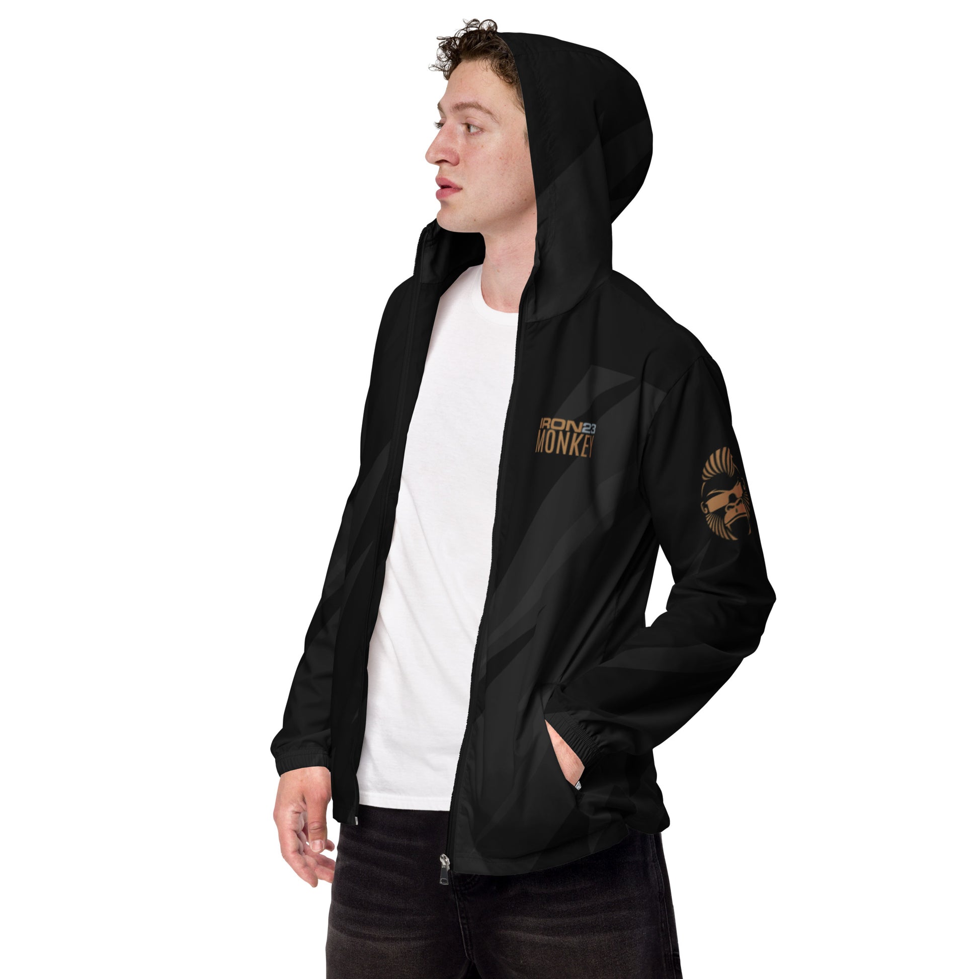 Schwarze Herren-Windbreaker Jacke von Sportswear Iron Monkey 23 mit All-over-Print, sichtbare linke Vorderseite, sportlich und bequem
