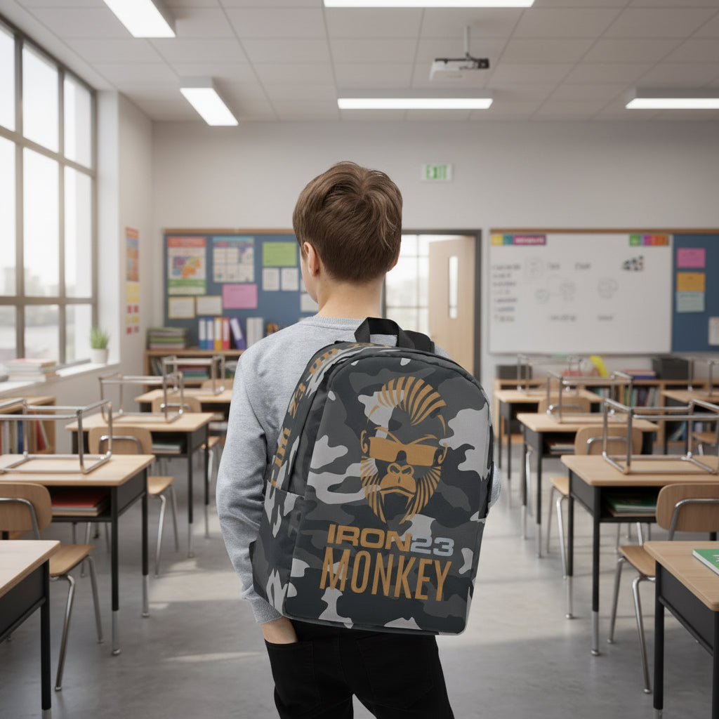 Minimalistischer Rucksack von Sportswear Iron Monkey 23 mit All-over-Print, weiße Farbe, Nahaufnahme, stilvolle Accessoires