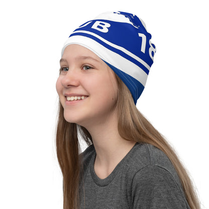Mehrfarbiger Multifunktionstuch von Sportswear Iron Monkey 23 mit Fanclub-Logo der Alten Dame 1892, All-over-Print, weiß, vorne links.