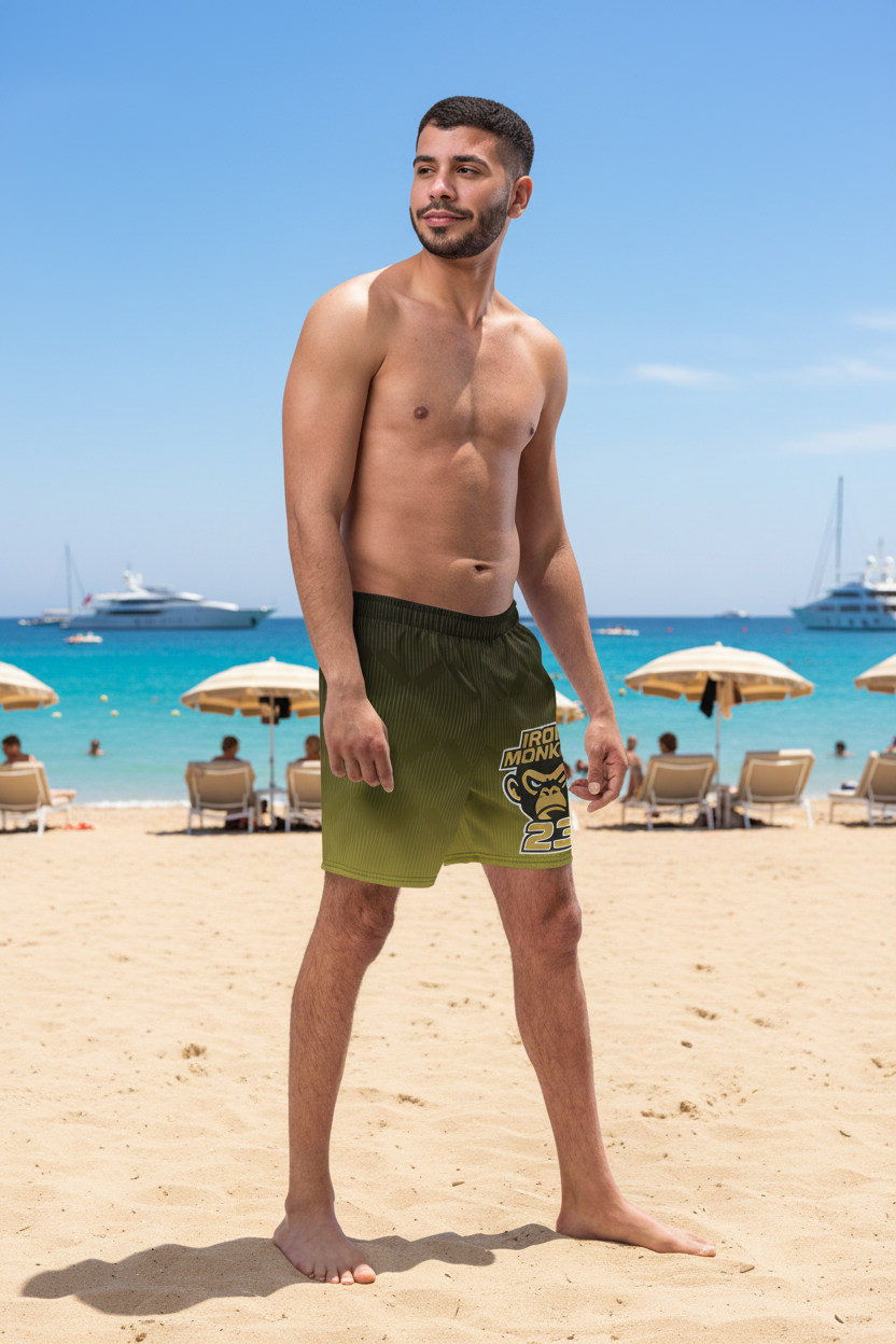 Recycelte Monkey Schwimmshorts von Sportswear Iron Monkey 23 mit Allover-Print, UPF50+ und 4-Wege-Stretch, rechte Vorderseite.