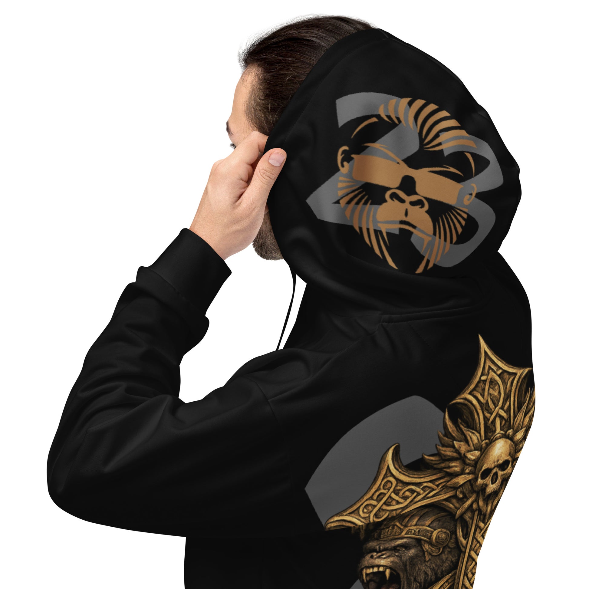 Vikings Premium Unisex Hoodie von Sportswear Iron Monkey 23, weiß mit All-over-Print, recyceltes Fleece-Innenfutter, EU-Produktion