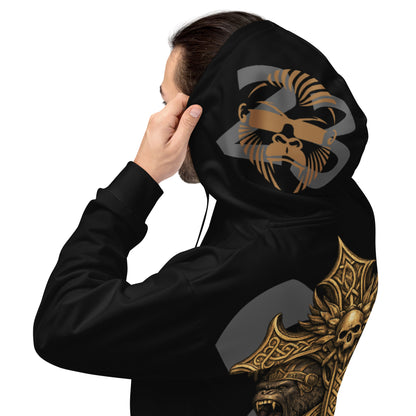Vikings Premium Unisex Hoodie von Sportswear Iron Monkey 23, weiß mit All-over-Print, recyceltes Fleece-Innenfutter, EU-Produktion