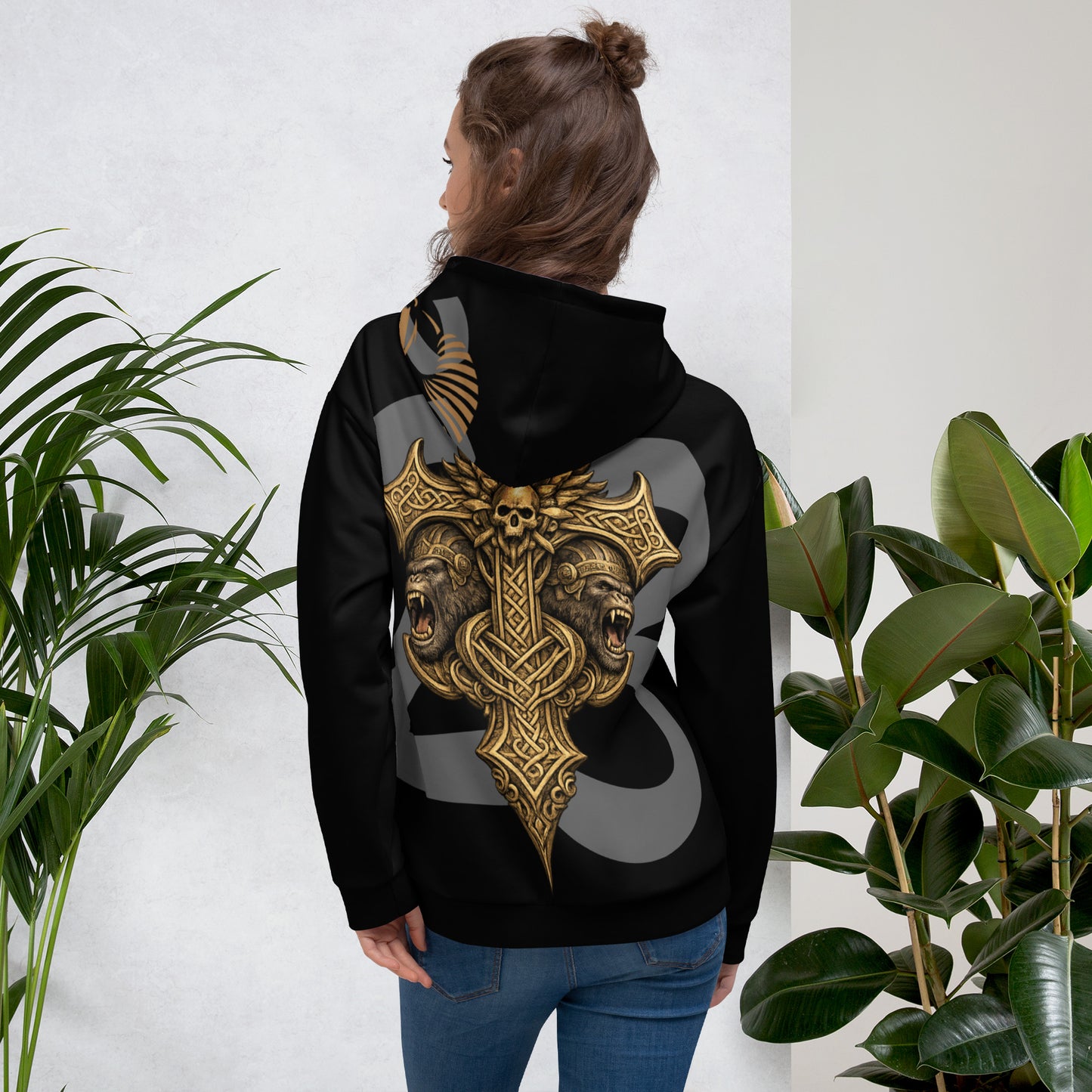 Unisex Hoodie von Sportswear Iron Monkey 23 mit Allover-Print, recyceltem Material, weißer Rückseite, Fleece-Innenseite, EU-Produktion
