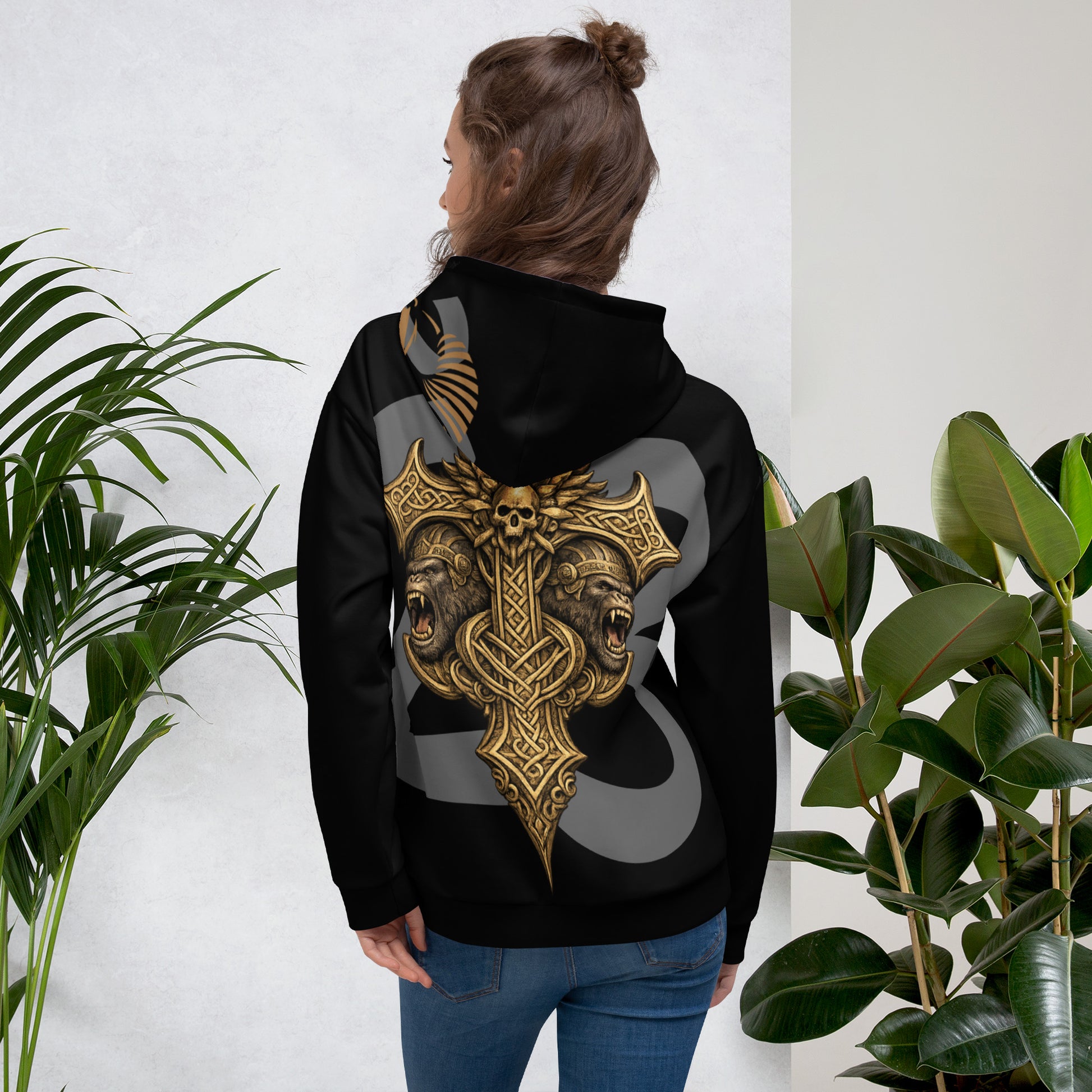 Unisex Hoodie von Sportswear Iron Monkey 23 mit Allover-Print, recyceltem Material, weißer Rückseite, Fleece-Innenseite, EU-Produktion