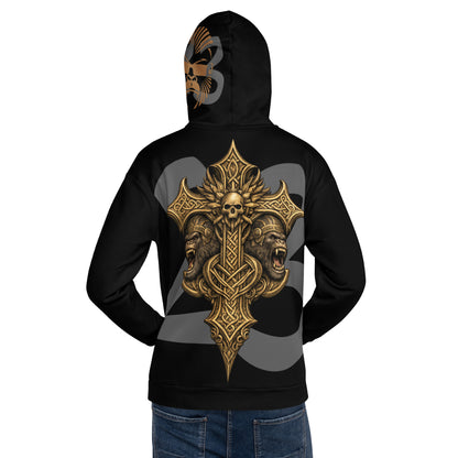 Vikings Premium Unisex Hoodie von Sportswear Iron Monkey 23, weiß mit Allover-Print, recyceltes Material, Fleece-Innenseite, EU-Produktion
