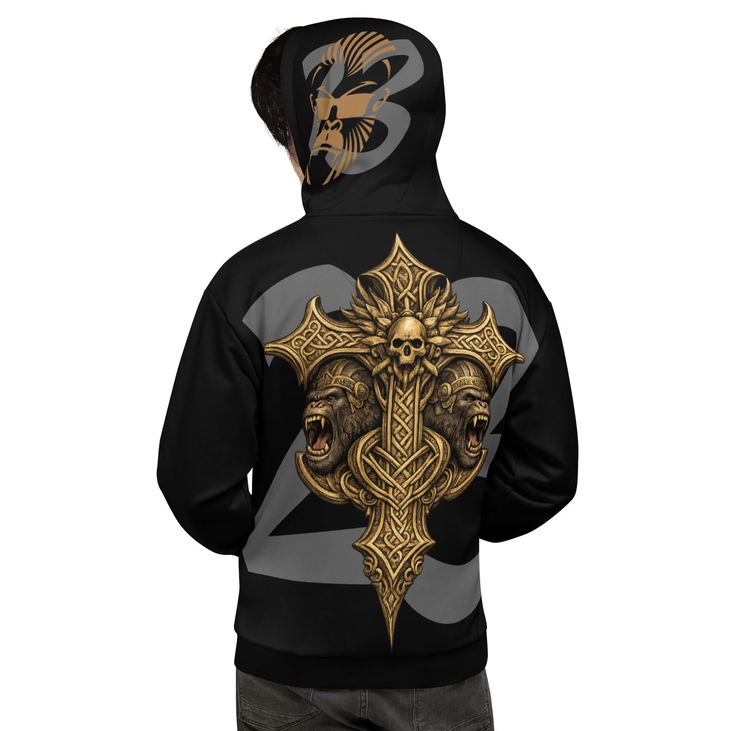 Unisex Hoodie von Sportswear Iron Monkey 23, weiß mit All-Over-Print, recyceltes Fleece-Innenfutter, umweltfreundliche Produktion in der EU