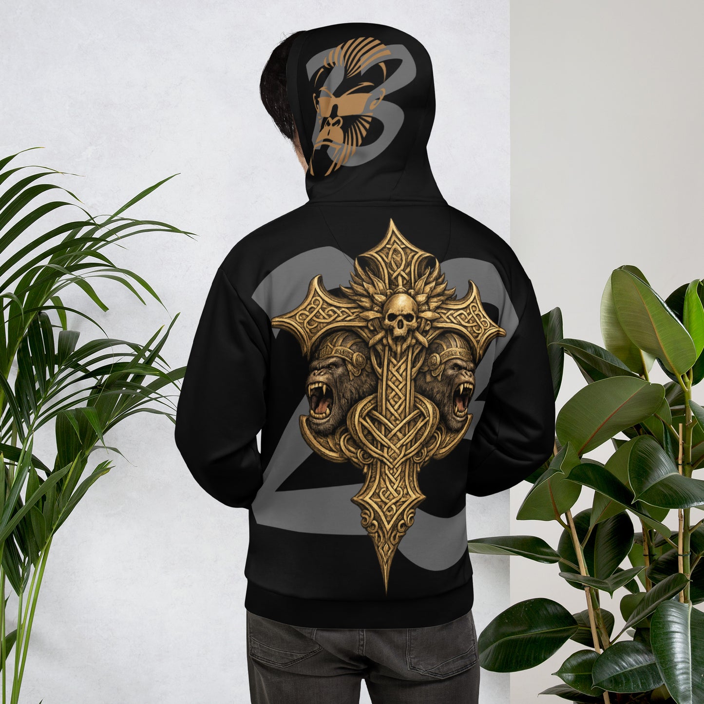 Recycelter Unisex-Hoodie von Iron Monkey 23 mit All-over-Print, weißer Rücken, weiche Fleece-Innenseite, nachhaltige Sportbekleidung