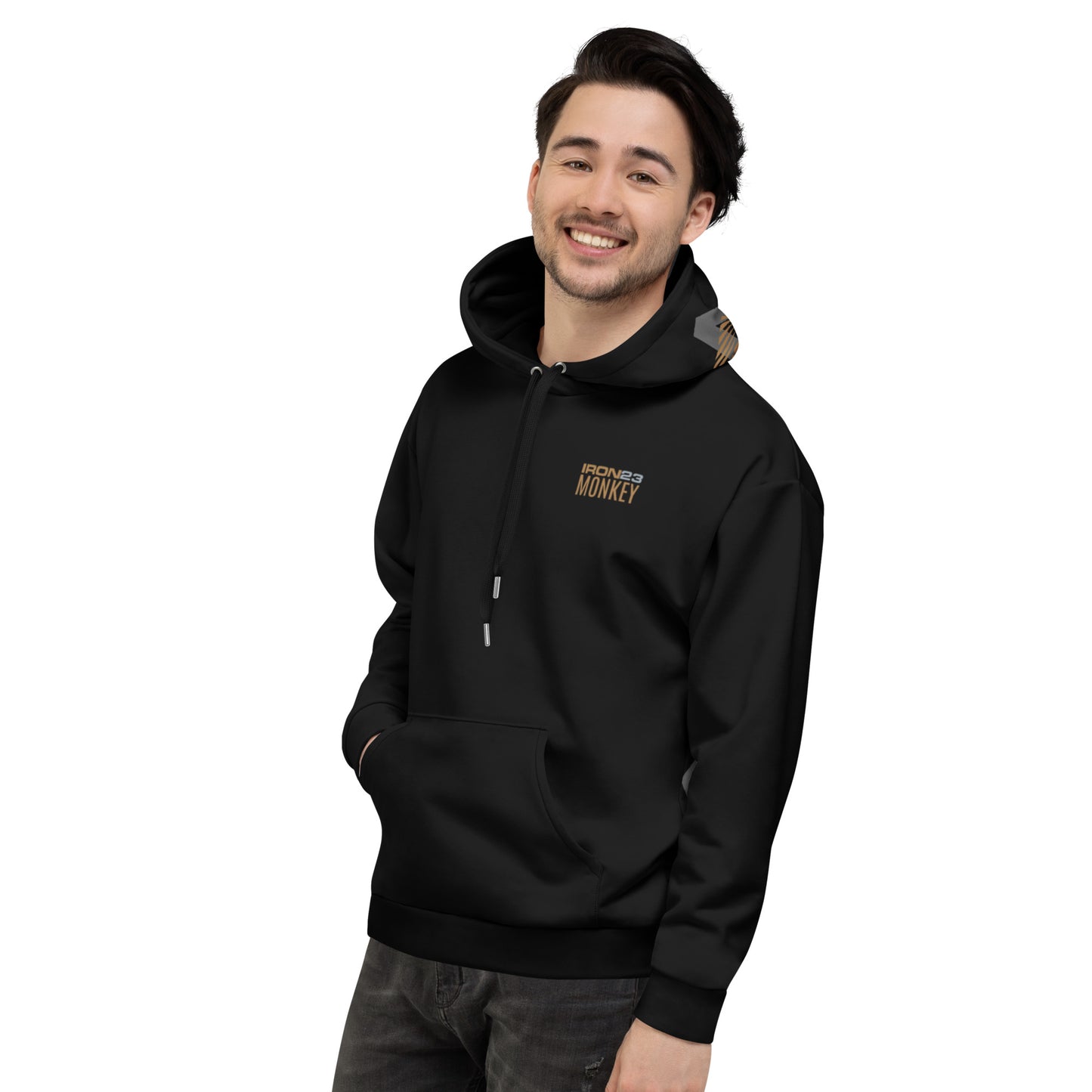 Unisex Hoodie von Sportswear Iron Monkey 23 mit recyceltem Material, weißes Allover-Print, Fleece-Innenseite, EU-Produktion.
