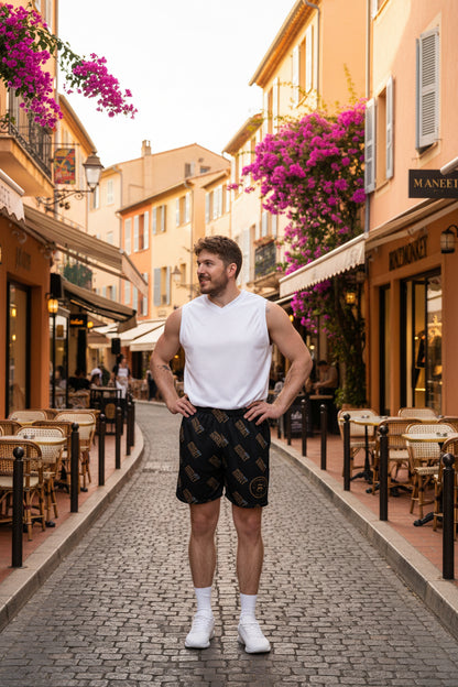 Unisex Mesh-Shorts von Sportswear Iron Monkey 23, atmungsaktive, recycelte Sporthose mit Allover-Druck in Weiß, UV-Schutz UPF50+.