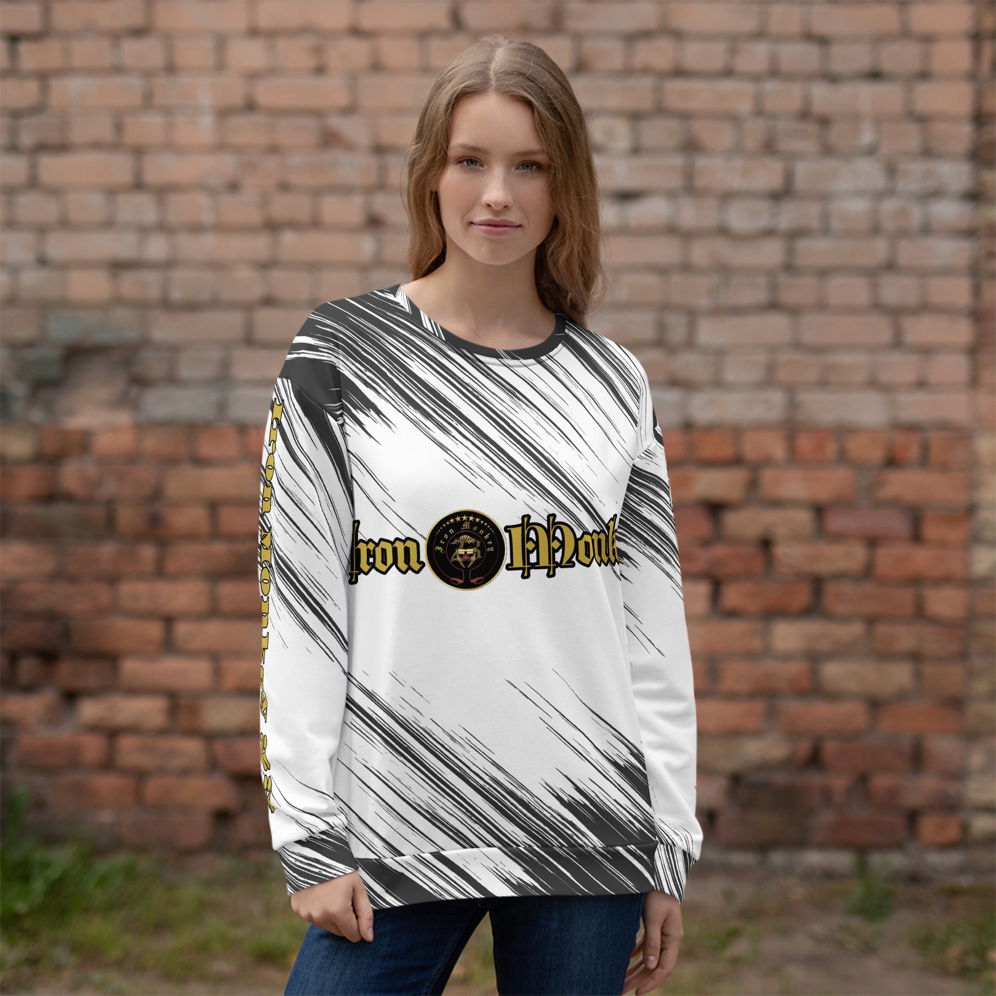 Unisex Pullover mit Allover-Design, weißes Fleece-Shirt von Sportswear Iron Monkey 23, handgenäht, vollflächig bedruckt