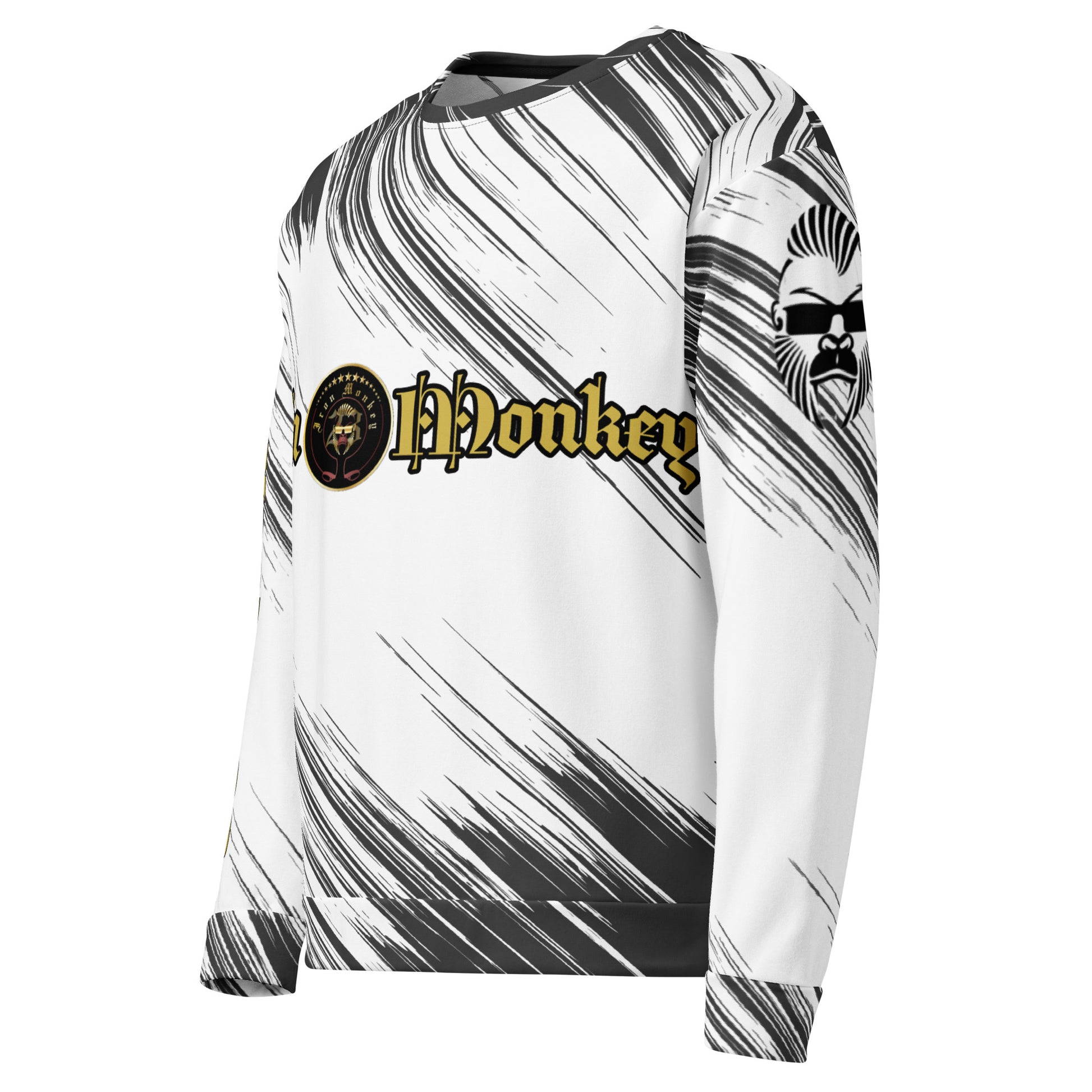 Unisex Fleece-Pullover mit Allover-Print von Sportswear Iron Monkey 23, weiß, handgenäht, vollflächiges, recyceltes Design.