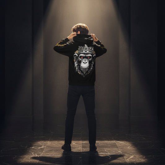 Unisex Monkey King Zip-Hoodie von Sportswear Iron Monkey 23, recyceltes GRS OEKO-TEX Fleece, mit All-over-Print, weiße Rückseite