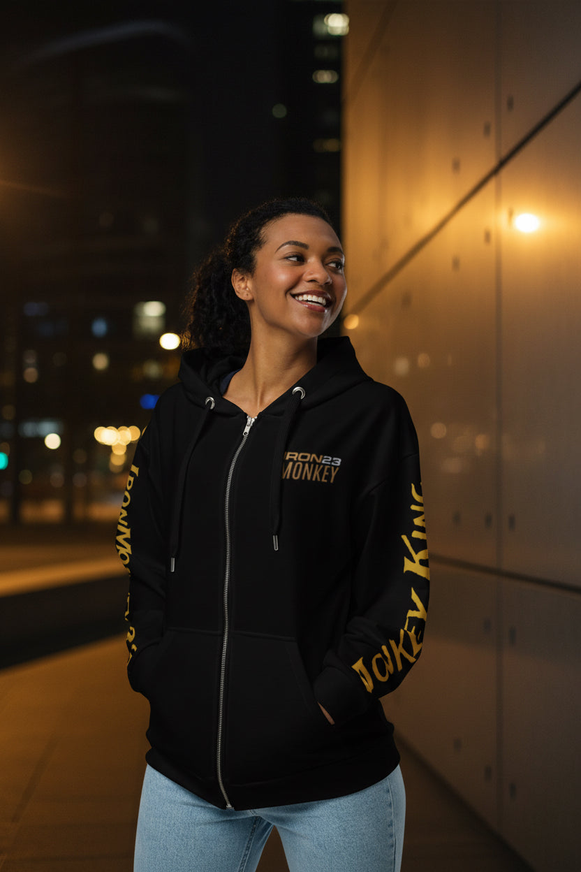 Recycelter Unisex Zip-Hoodie von Sportswear Iron Monkey 23 mit Allover-Print, aus 95% recyceltem GRS OEKO-TEX Material.
