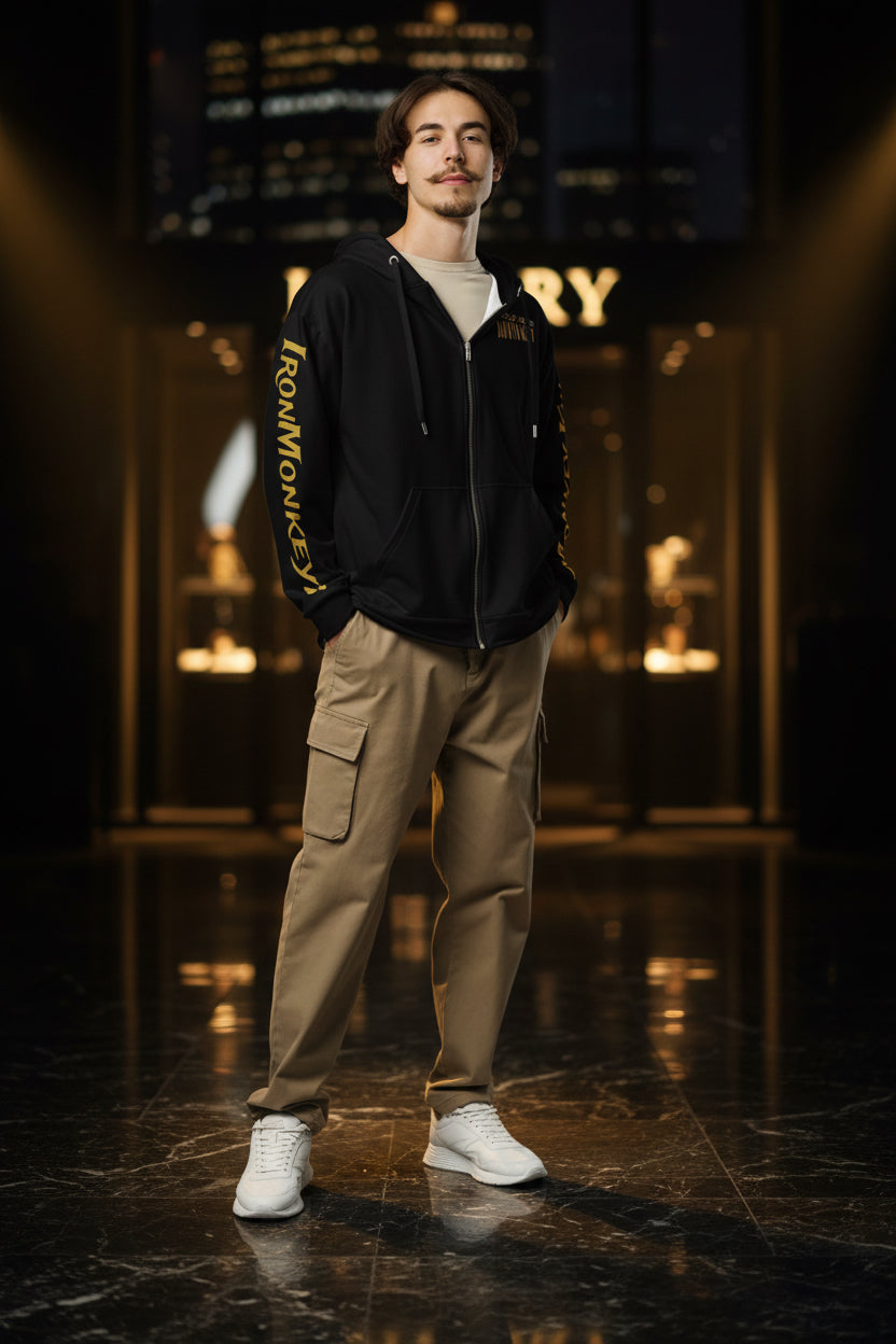 Recycelter Unisex Zip-Hoodie von Sportswear Iron Monkey 23 mit All-over-Druck, nachhaltiger GRS OEKO-TEX-Standard, weiß.