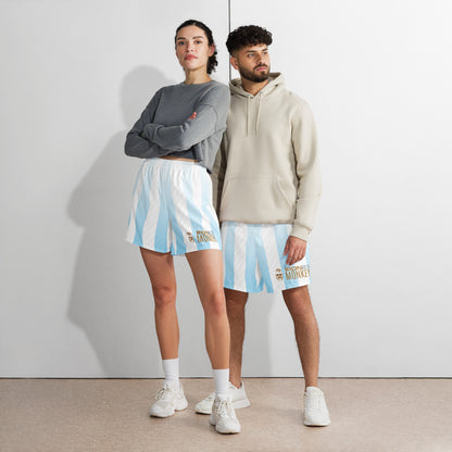 Recycelte Unisex Sport-Shorts von Sportswear Iron Monkey 23 mit All-over-Print, weiße sportliche Hose für Damen und Herren