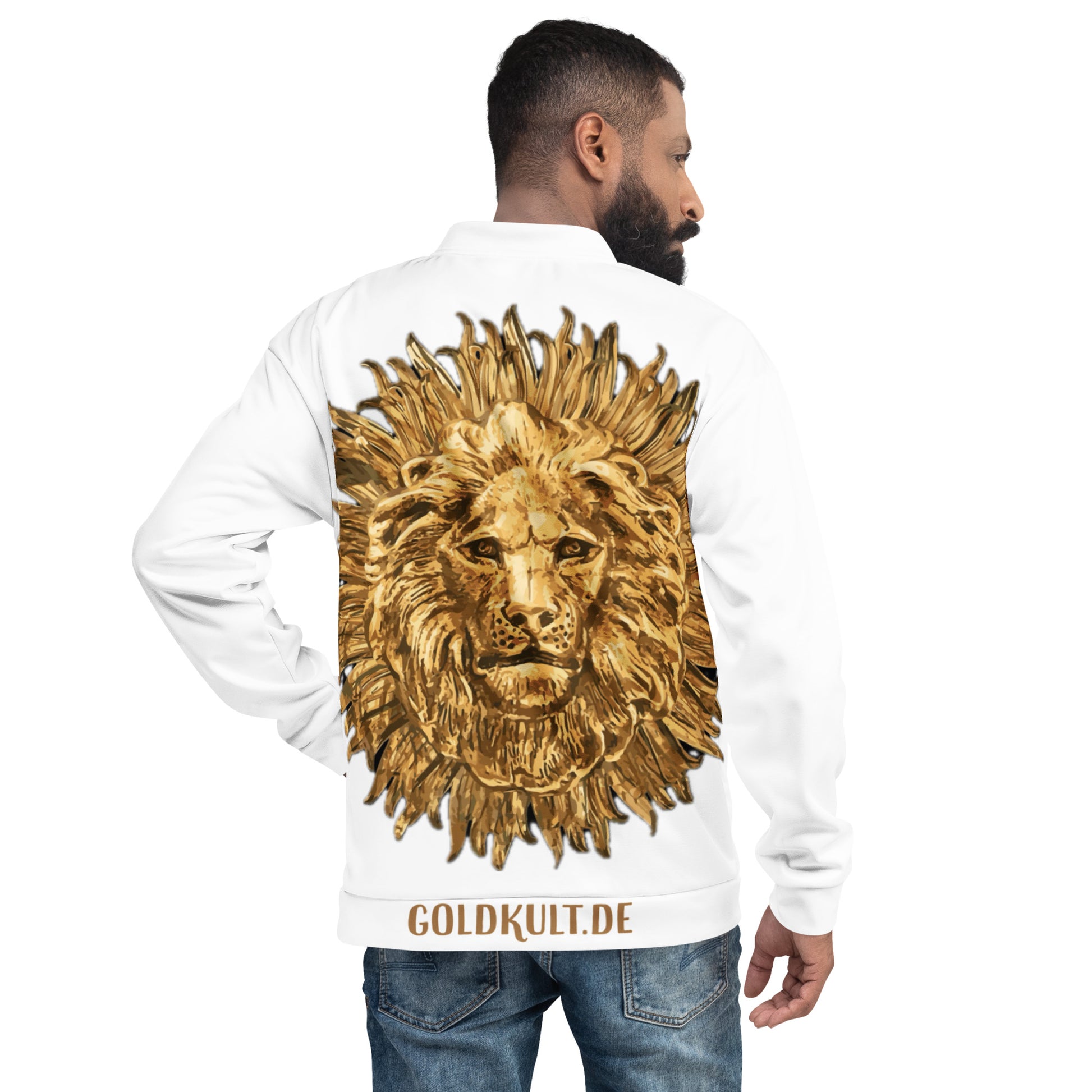 Unisex Gold Couture White Edition Bomberjacke von Sportswear Iron Monkey 23 mit All-Over-Print, Fleece-Innenseite, Rückenansicht