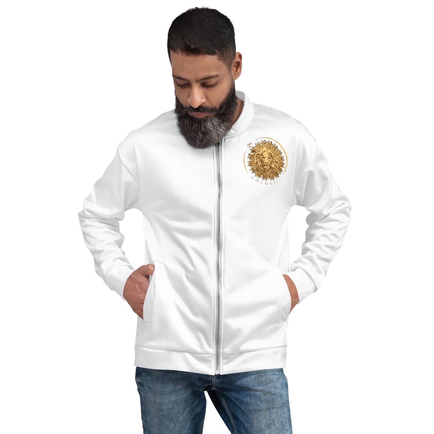 Unisex Gold Couture White Edition Bomberjacke von Sportswear Iron Monkey 23 mit All-over-Print und Fleece-Innenseite, Frontansicht
