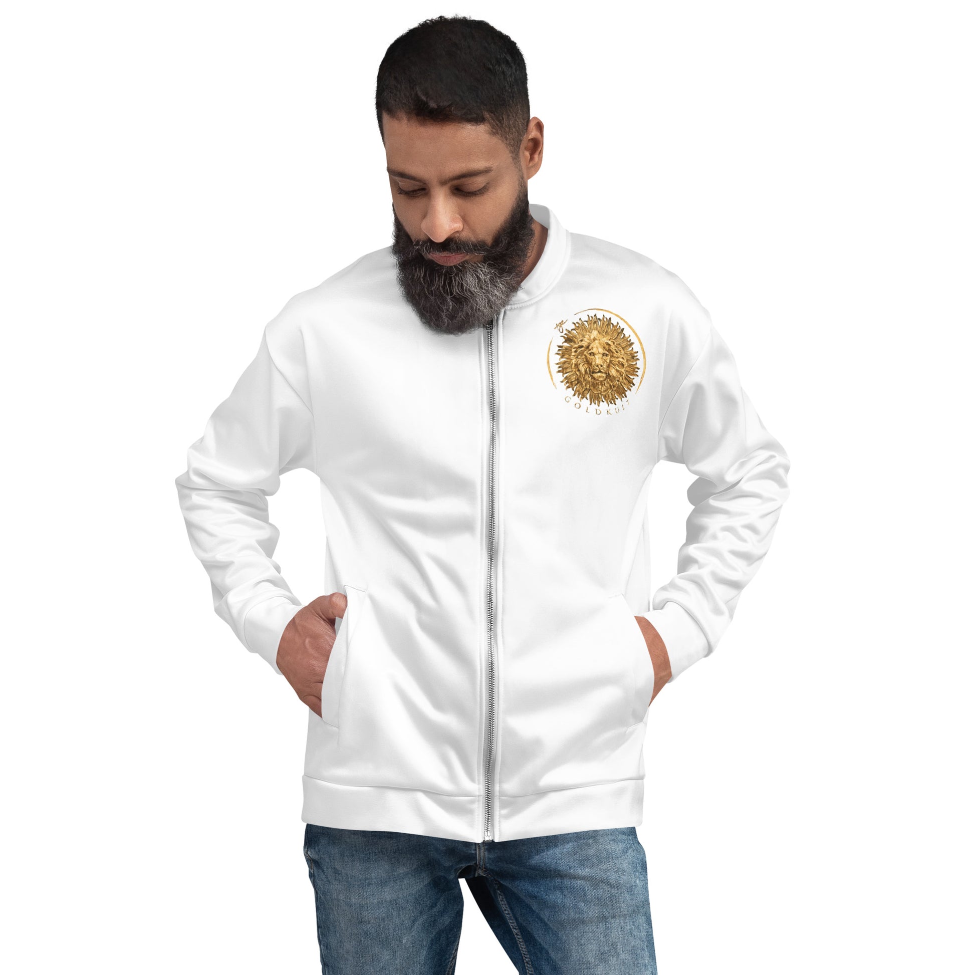 Unisex Gold Couture White Edition Bomberjacke von Sportswear Iron Monkey 23 mit All-over-Print und Fleece-Innenseite, Frontansicht
