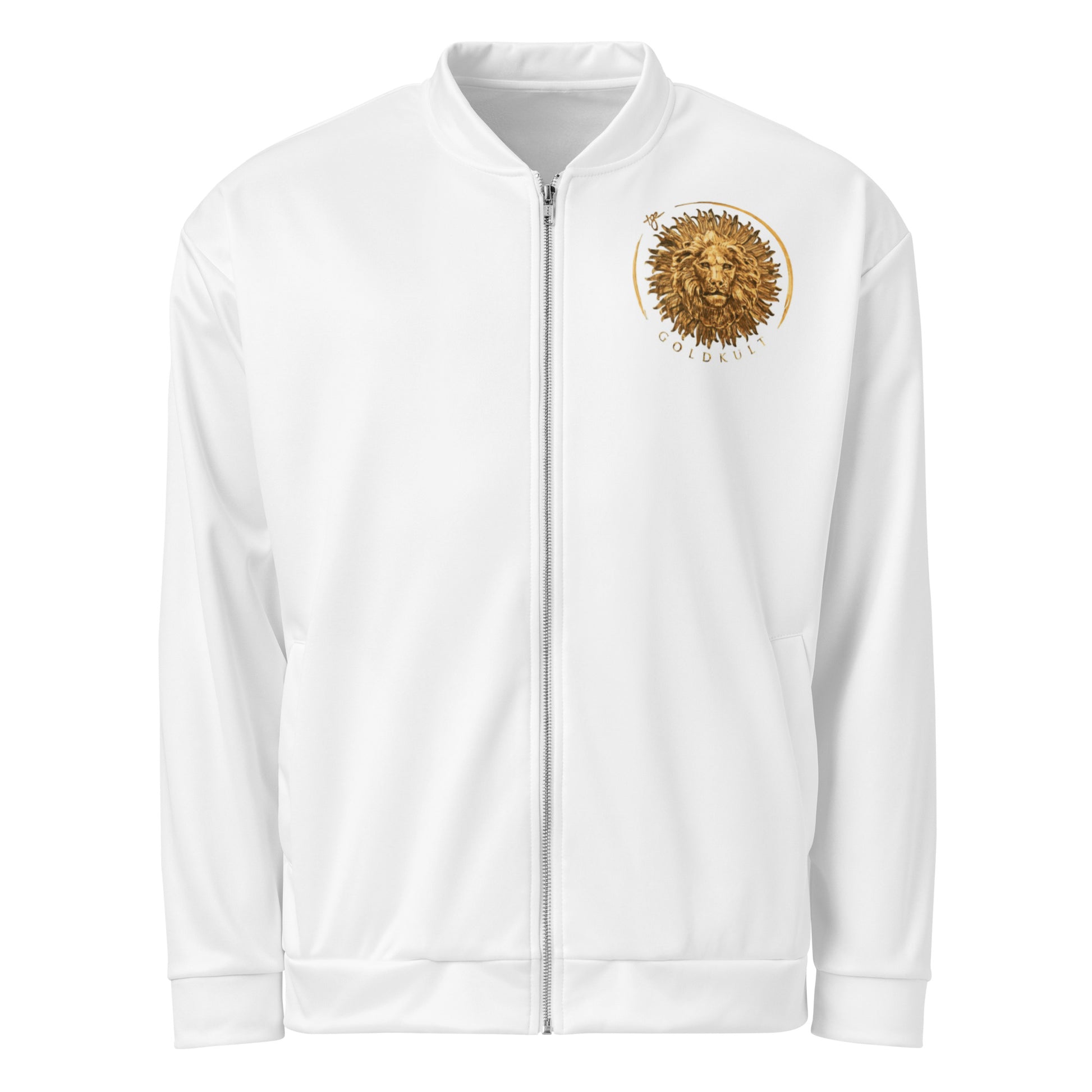 Unisex Gold Couture weiße Bomberjacke von Sportswear Iron Monkey 23 mit Allover-Print und Fleece-Innenseite, vorne sichtbar.
