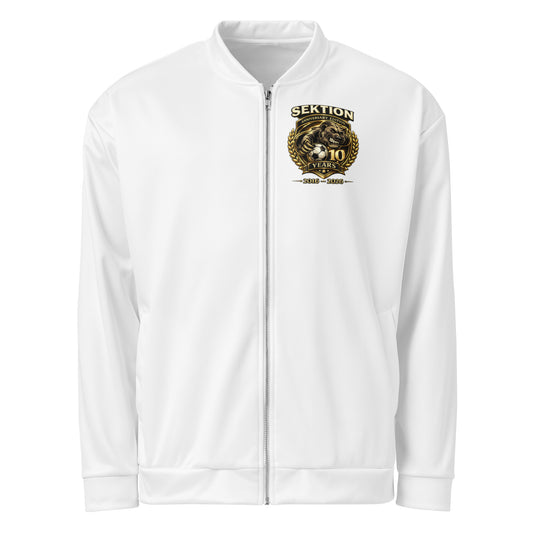 Unisex Bomberjacke von Sportswear Iron Monkey 23 mit All-over-Print, weiß, Frontansicht, modisches Design, Jubiläumsedition