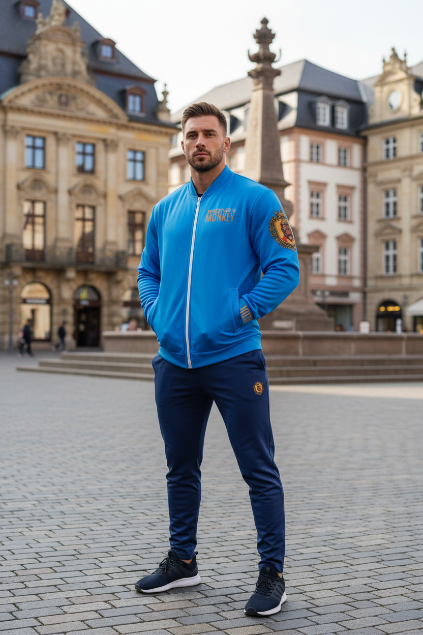 Unisex Bomberjacke von Sportswear Iron Monkey 23 mit All-over-Print und Fleece-Innenseite, weiße Jacke mit Reißverschluss.