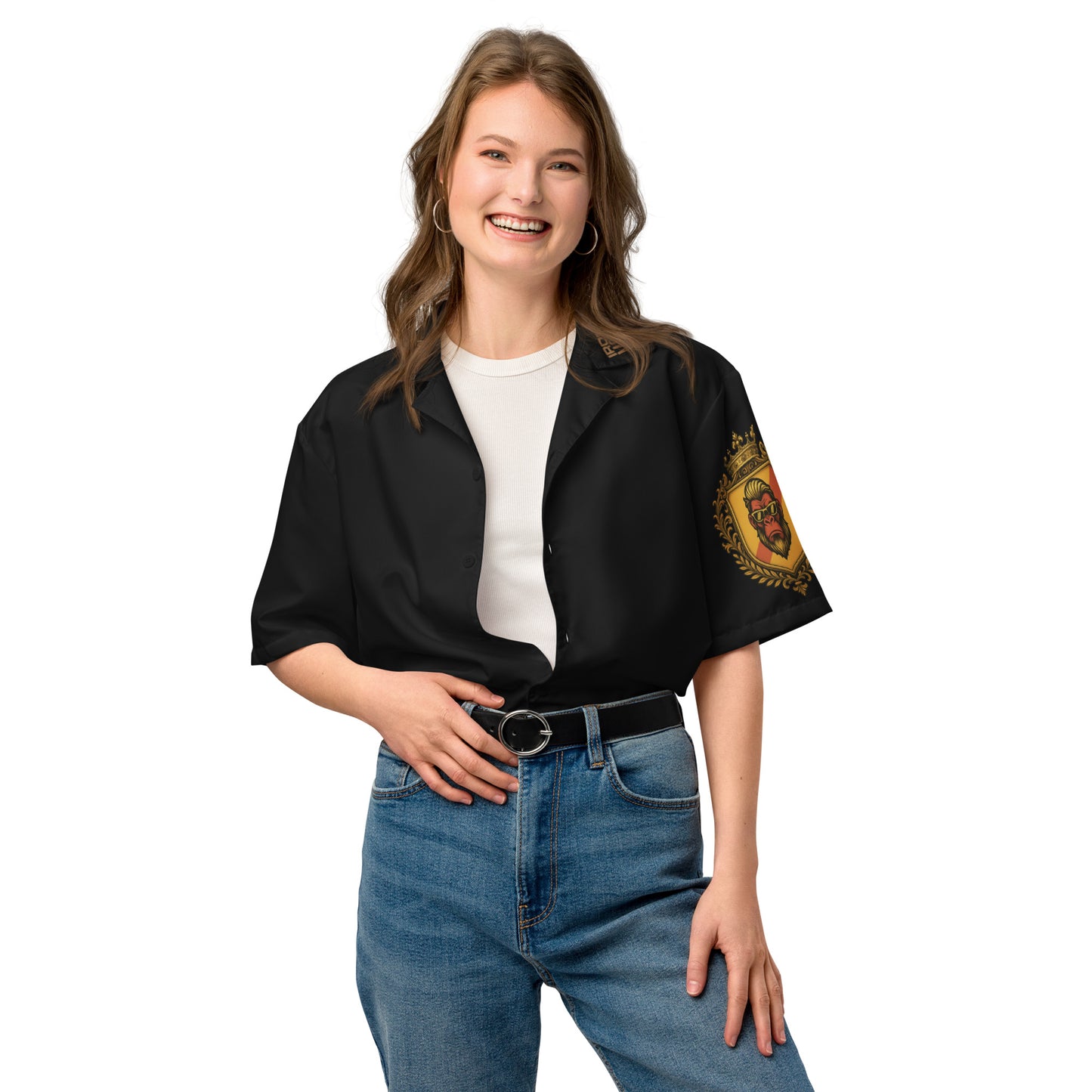 Unisex Hemd von Sportswear Iron Monkey 23 mit Allover-Print, atmungsaktiv, recycelte Materialien, weiß, mit Knopfleiste, UV-Schutz UPF50+.