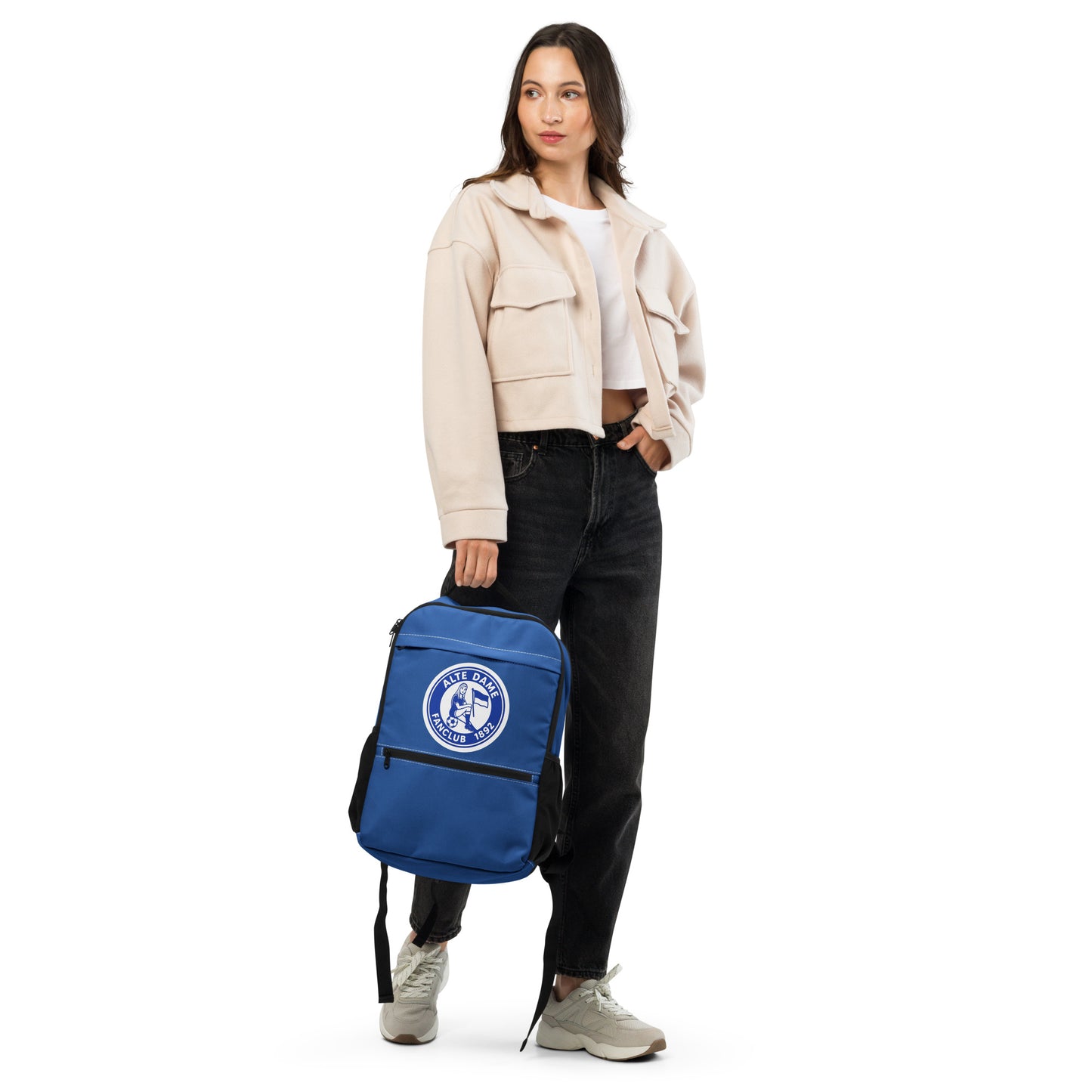 Allzweck-Rucksack von Sportswear Iron Monkey 23 mit Fanclub Alte Dame 1892 Allover-Print, weiß, Frontansicht