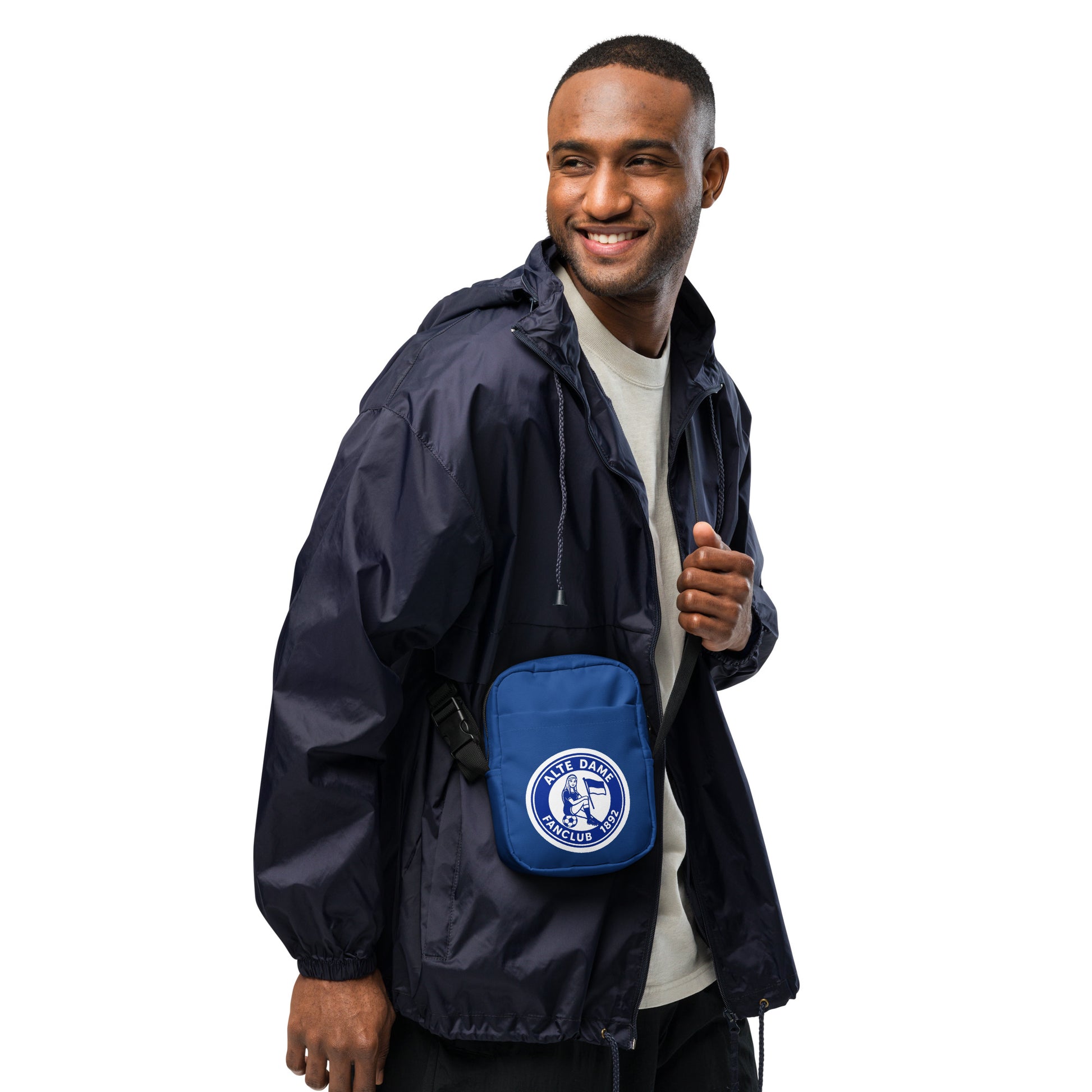 Nützliche Umhängetasche mit All-over-Print "Fanclub Alte Dame 1892" von Sportswear Iron Monkey 23, weiße Crossbody-Tasche