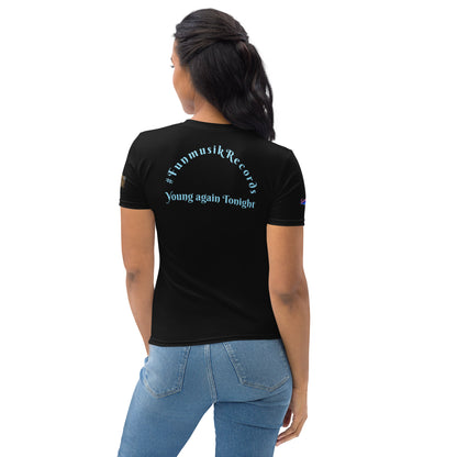 Weißes Damen-T-Shirt von Sportswear Iron Monkey 23 mit All-Over-Print und Crew-Neck, Rückenansicht, mit Grace Holloway Team Design.