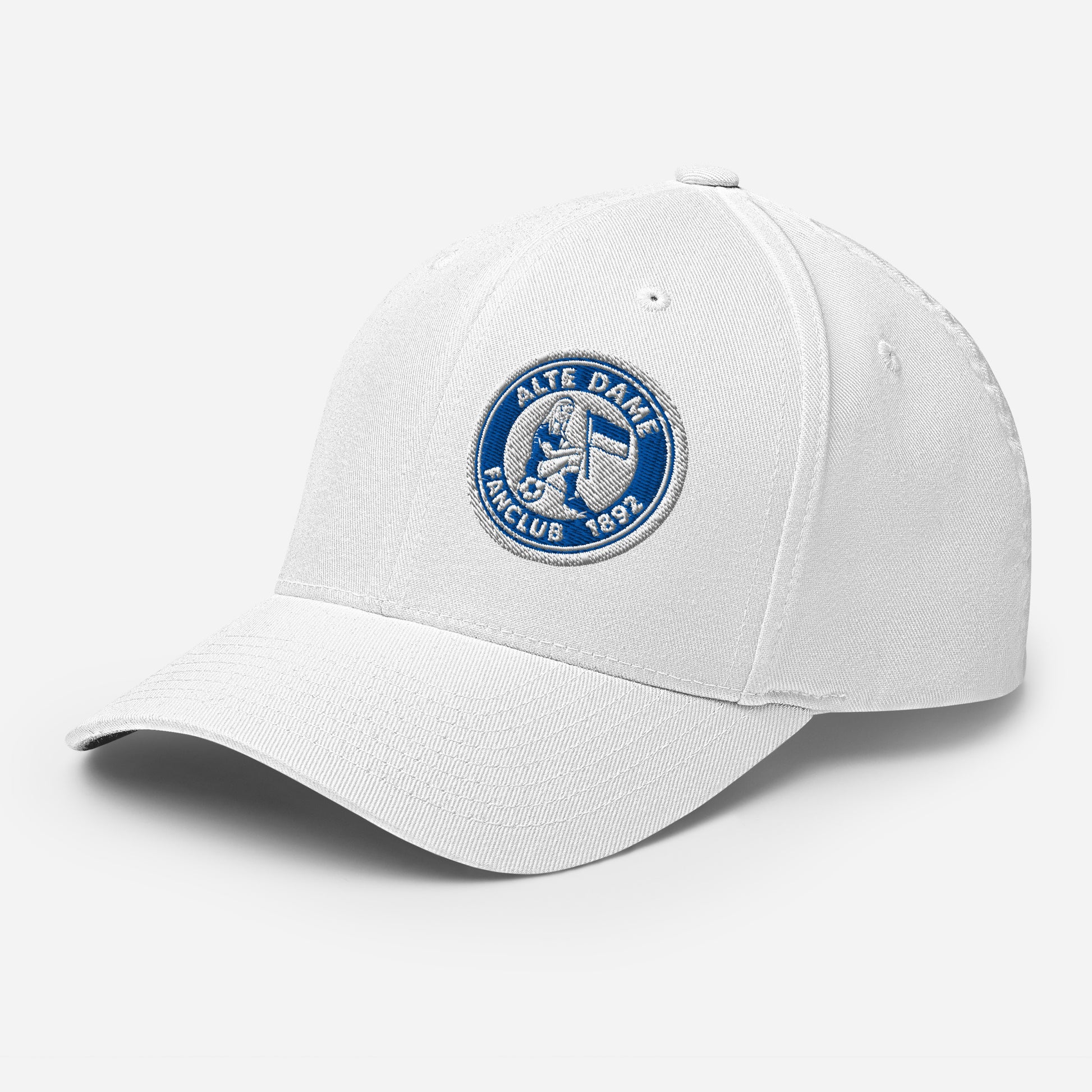 Strukturierte weiße Cord-Cap mit Fanclub-Logo der Alten Dame 1892, Sportwear Iron Monkey 23, seitliche Ansicht.