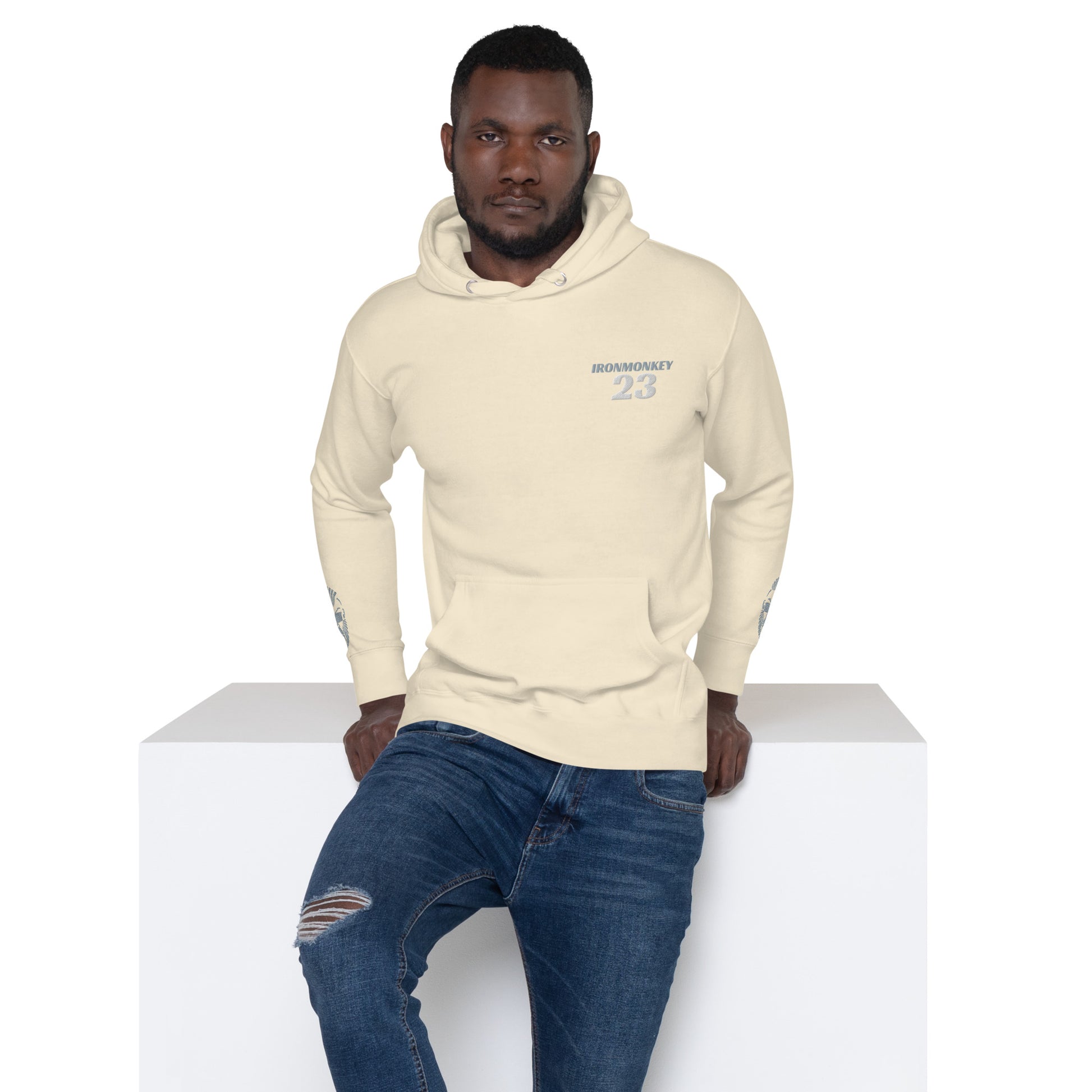 Unisex SoftTouch Premium Kapuzenpullover aus 100 % Baumwolle von Sportswear Iron Monkey 23, Vorderansicht in Bone-Farbe