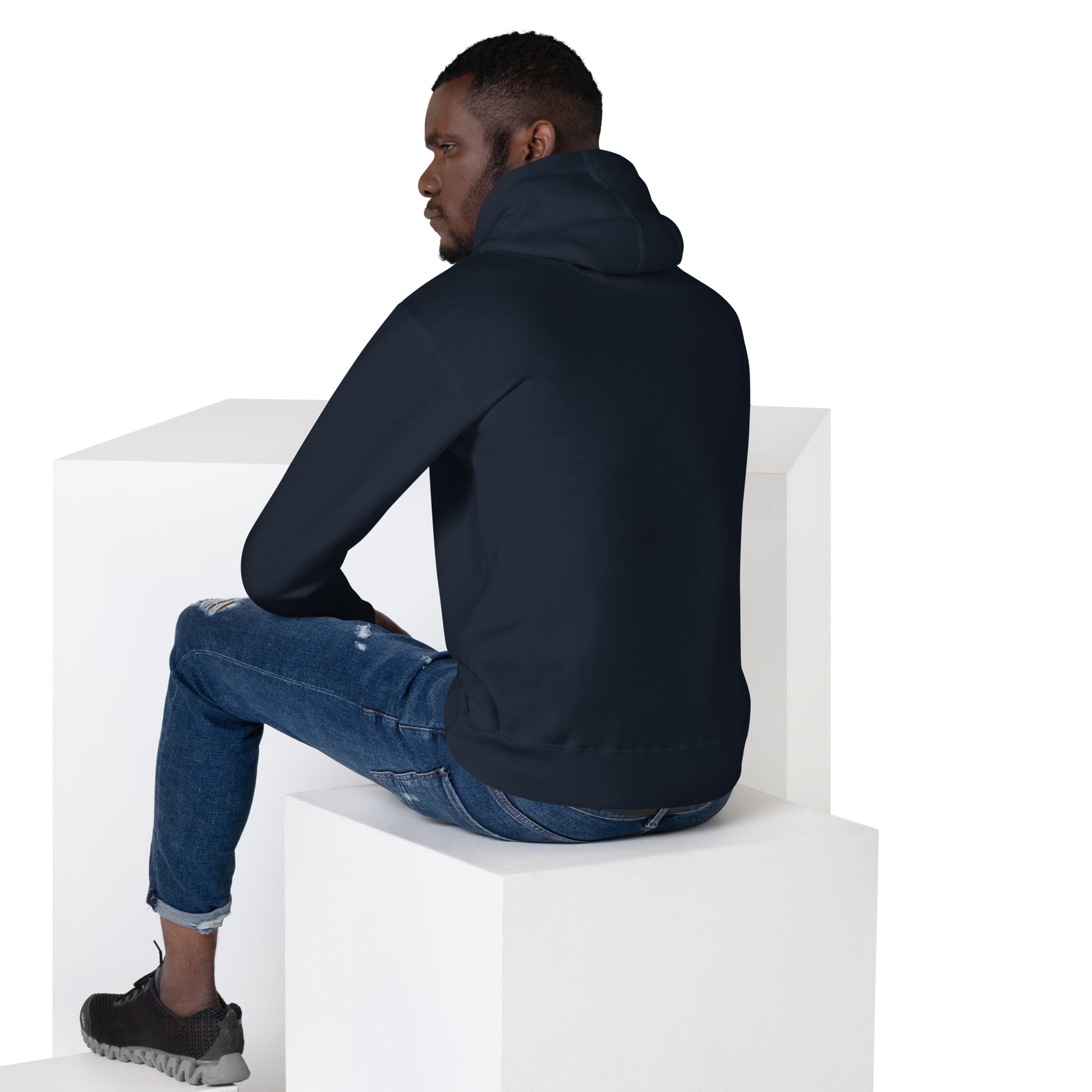 Unisex Kapuzenpullover SoftTouch Premium Hoodie von Sportswear Iron Monkey 23 aus 100% Baumwolle in Navy-Blazer, Rückenansicht.