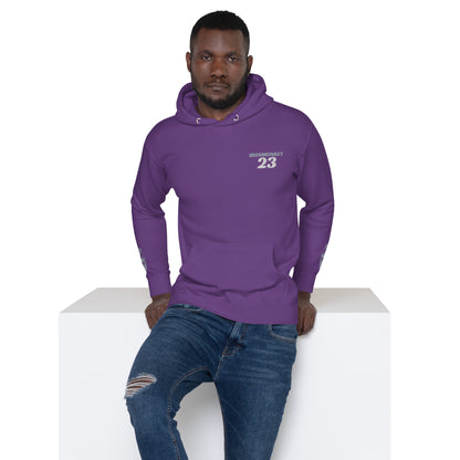 Unisex SoftTouch Premium Kapuzenpullover von Sportswear Iron Monkey 23 aus 100% Baumwolle in Lila, Frontansicht.