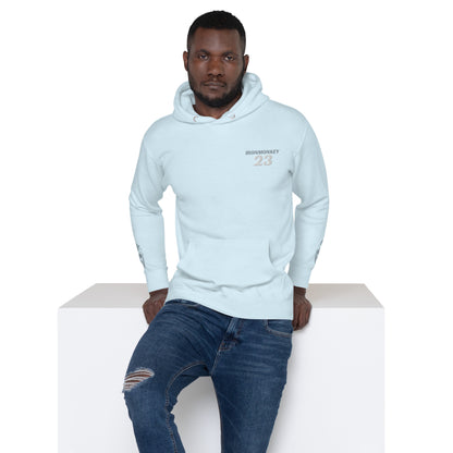 Unisex SoftTouch Premium Hoodie von Sportswear Iron Monkey 23 aus 100% Baumwolle in Himmelblau, frontales Design, klassischer Schnitt.