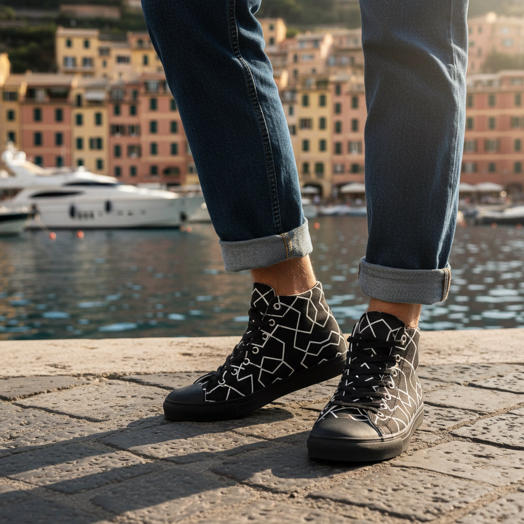 Herren High-Top Canvas Sneaker von Sportswear Iron Monkey 23 in Schwarz und Weiß mit EVA-Sohle, Rückenansicht.