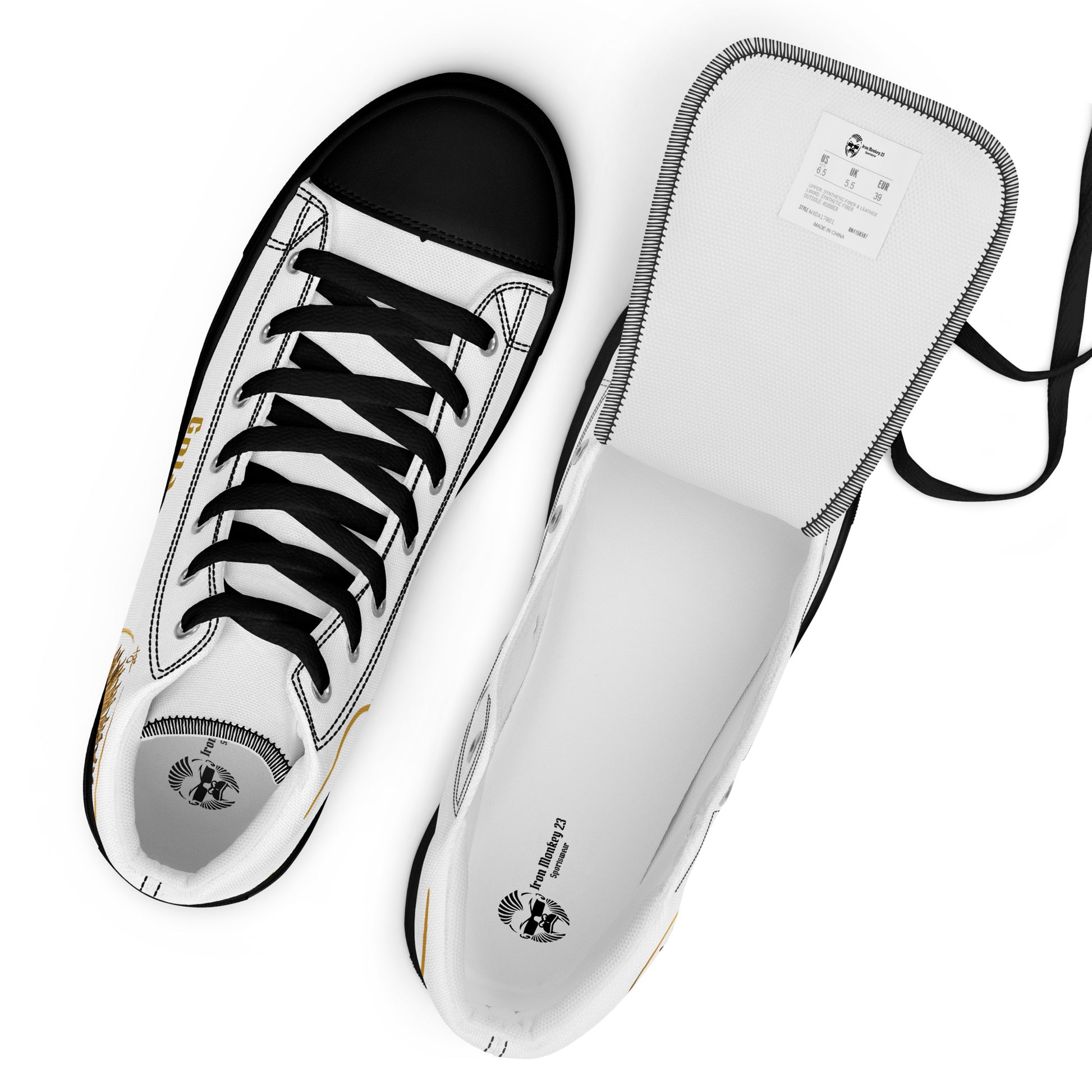 Schwarze High-Top Leinenschuhe von Sportswear Iron Monkey 23, handgefertigte Canvas Sneakers für Herren mit Branding.