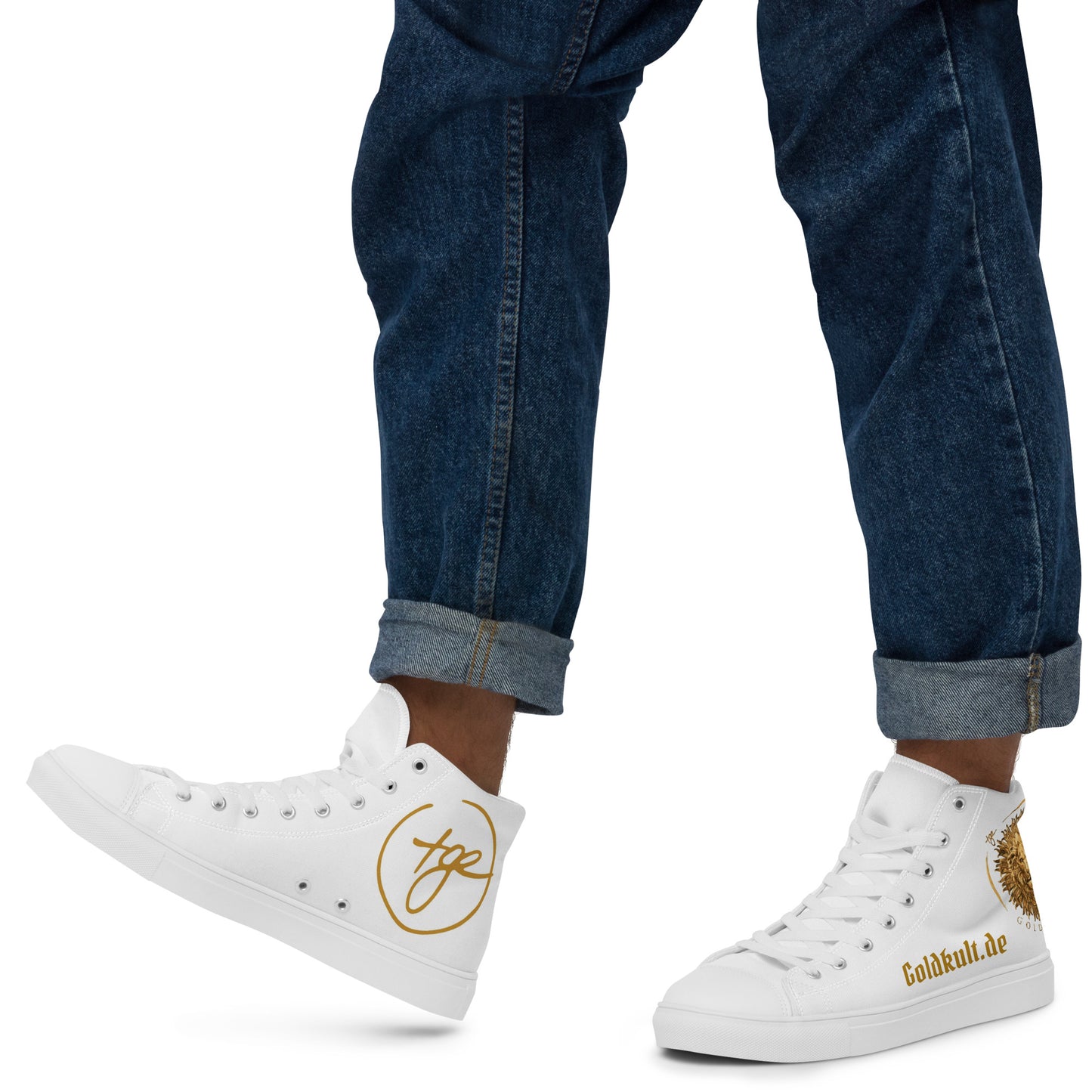Herren-Handgefertigte weiße High-Top Canvas Sneaker von Sportswear Iron Monkey 23, modische Leinenschuhe mit goldenen Details.
