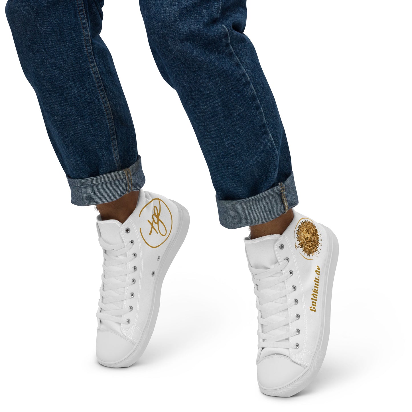 Gold Couture High-Top Leinenschuhe von Sportswear Iron Monkey 23, handgefertigte weiße Canvas Sneakers für Herren, linksansicht.