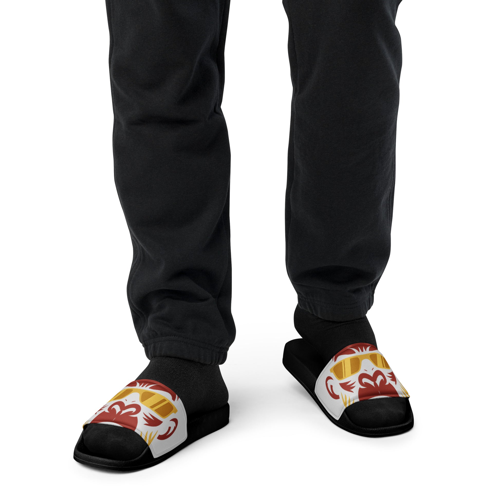 Herren Badeschlappen mit Print von Sportswear Iron Monkey 23, gepolsterter Riemen und PU-Sohle, schwarz, Vorderansicht