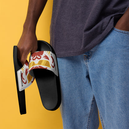 Herren Slides mit Print, gepolsterter Riemen und PU-Sohle, Sportswear Iron Monkey 23, schwarze Badeschlappen, links vorne