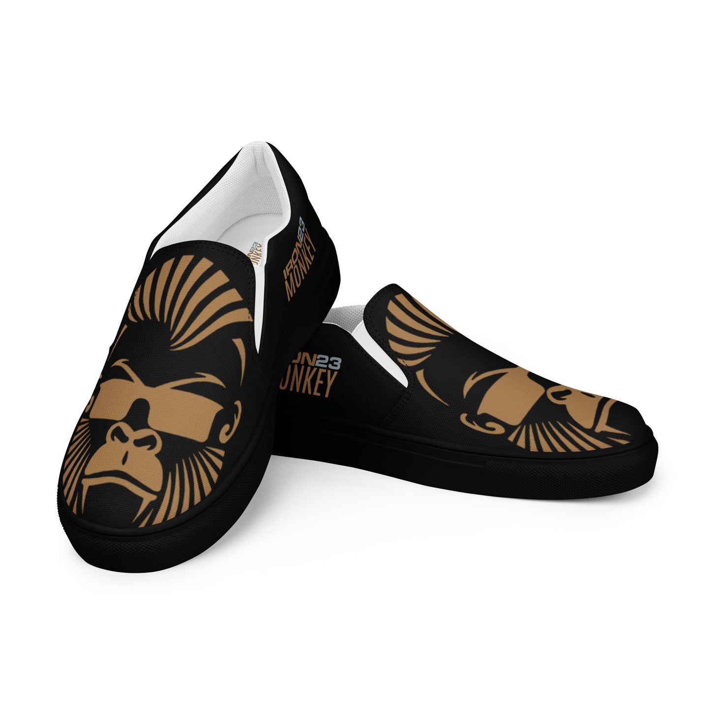 Herren Monkey Canvas Slipper von Sportswear Iron Monkey 23, schwarze atmungsaktive Leinen-Slipper mit EVA-Sohle, links vorne.